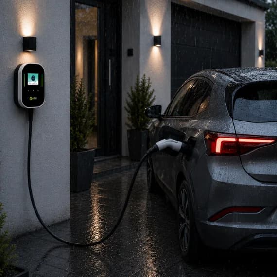 Zencar töltő kültéren, esőben töltve az autót